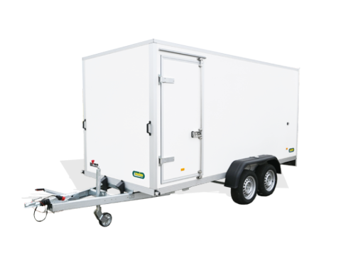 Seitentür in Fahrtrichtung links, vor der Achse positioniert, mit Aluminium-Einfassung, Türdichtung und außenliegendem
Drehstangenverschluss, Durchgangsmaß H x B = 2000 x 750 mm